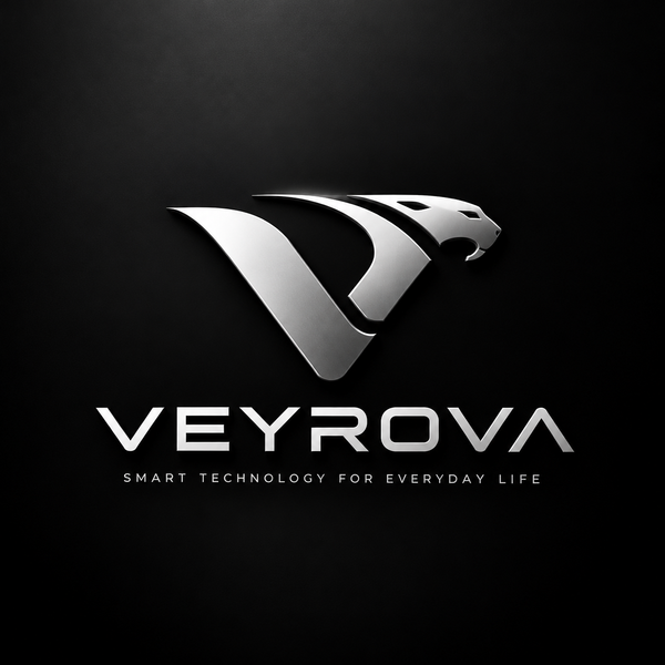 Logo horizontal VEYROVA plateado sobre negro, Smart Technology for Everyday Life